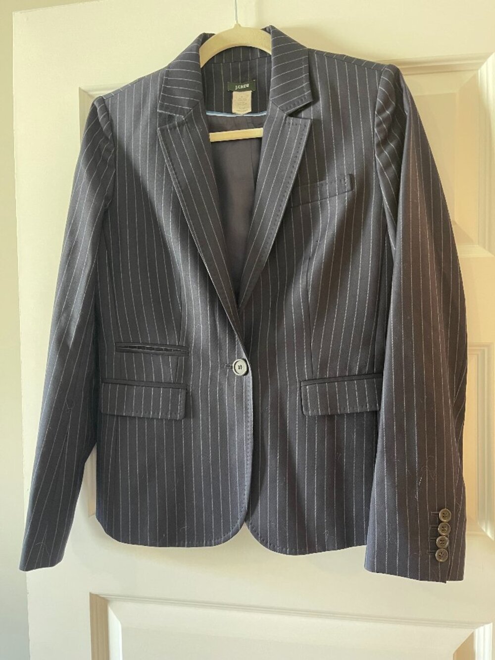J.Crew Pinstripe Wool Single Button Tailored Blazer Jacket Navy Blue 4